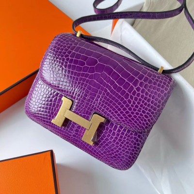 Hermes Constance 18 Handmade Bag In Purple Shiny Alligator Leather LDBS241971