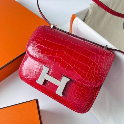 Hermes Constance 18 Handmade Bag In Red Shiny Alligator Leather LDBS241973