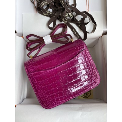 Hermes Constance 18 Handmade Bag in Rose Scheherazade Shiny Alligator Leather LDBS241974