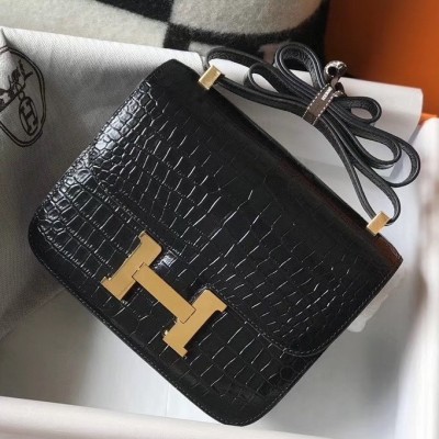 Hermes Constance 18cm Bag In Black Embossed Crocodile LDBS241948