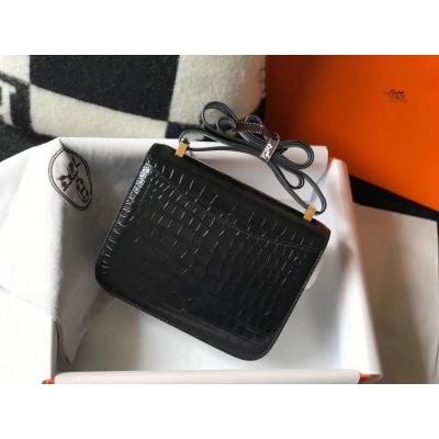 Hermes Constance 18cm Bag In Black Embossed Crocodile LDBS241948