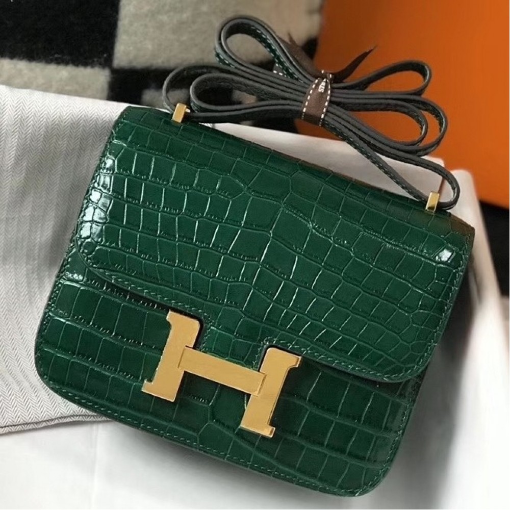 Hermes Constance 18cm Bag In Green Embossed Crocodile LDBS241950