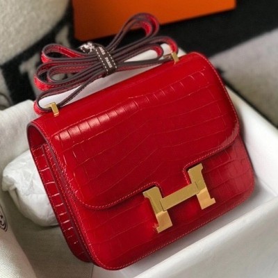 Hermes Constance 18cm Bag In Red Embossed Crocodile LDBS241953