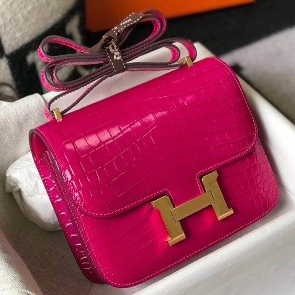 Hermes Constance 18cm Bag In Rose Red Embossed Crocodile LDBS241954