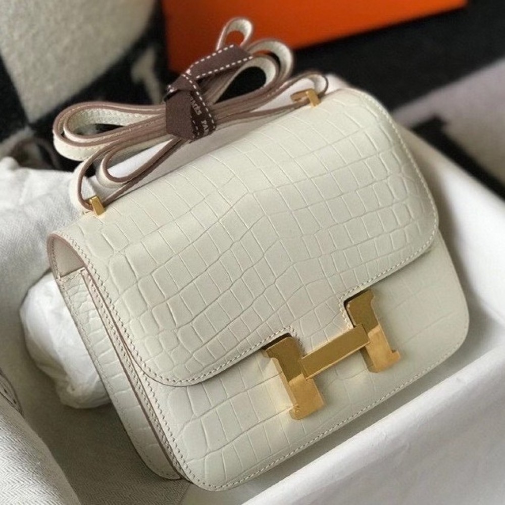 Hermes Constance 18cm Bag In White Embossed Crocodile LDBS241956