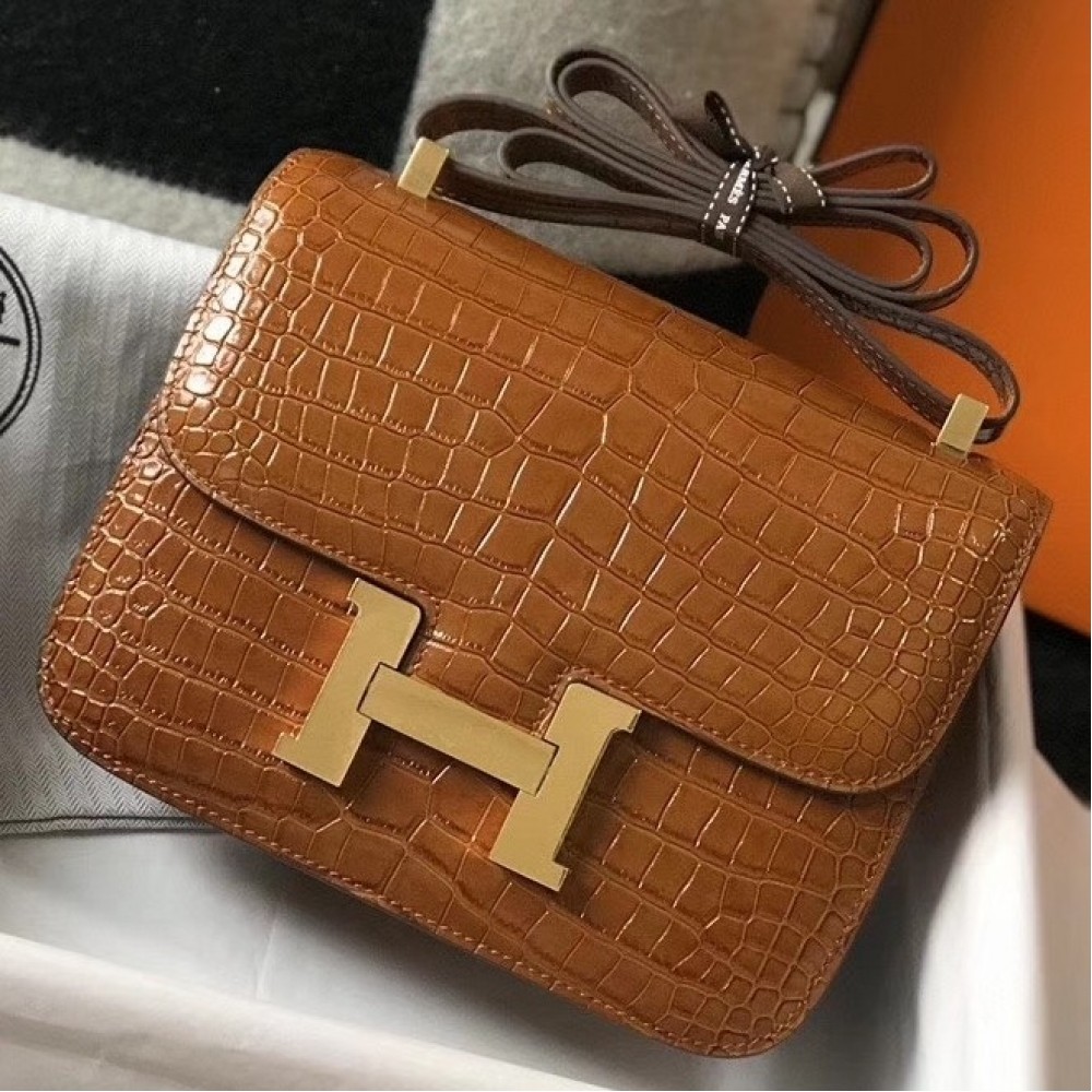 Hermes Constance 24cm Bag In Brown Embossed Crocodile LDBS241978