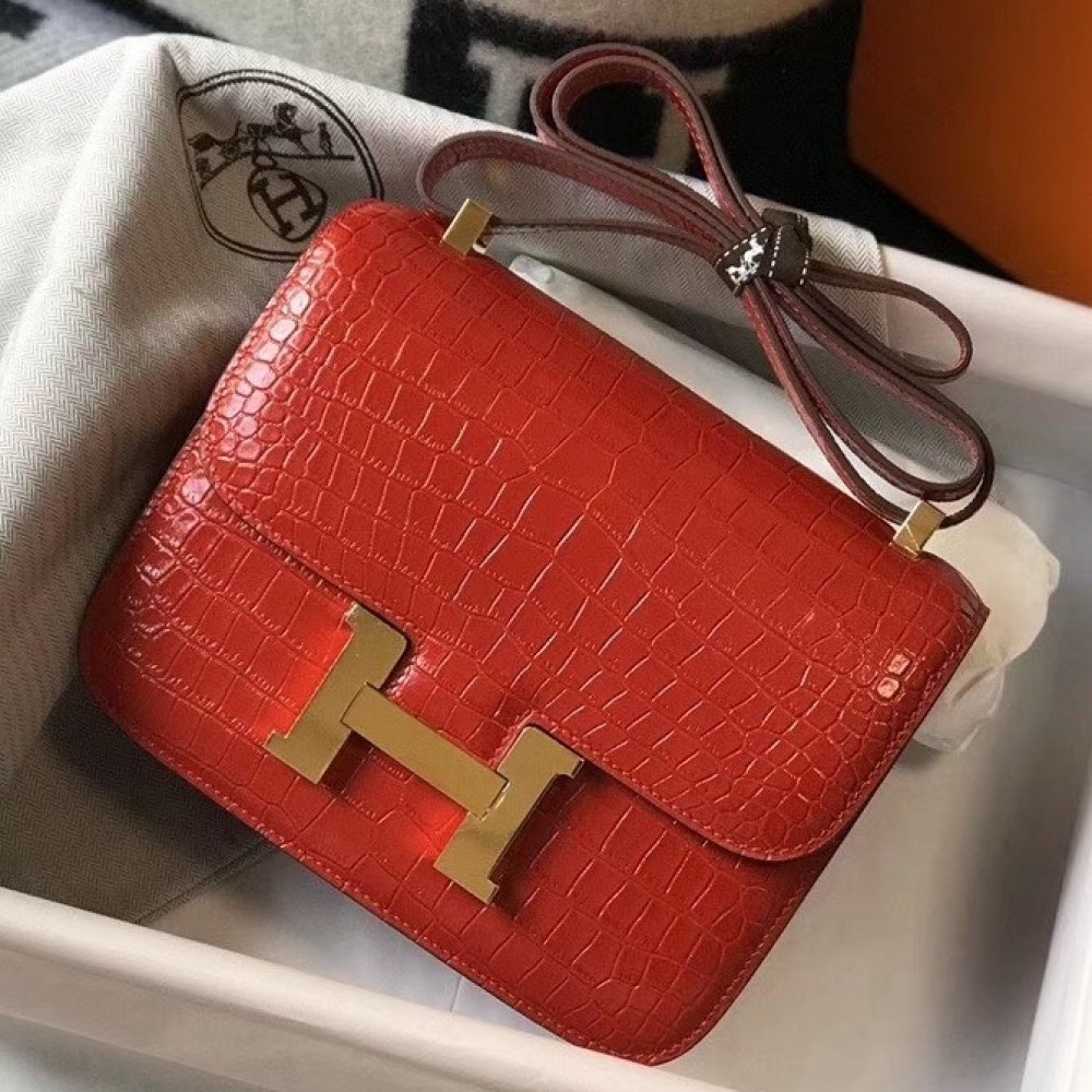 Hermes Constance 24cm Bag In Red Embossed Crocodile LDBS241983