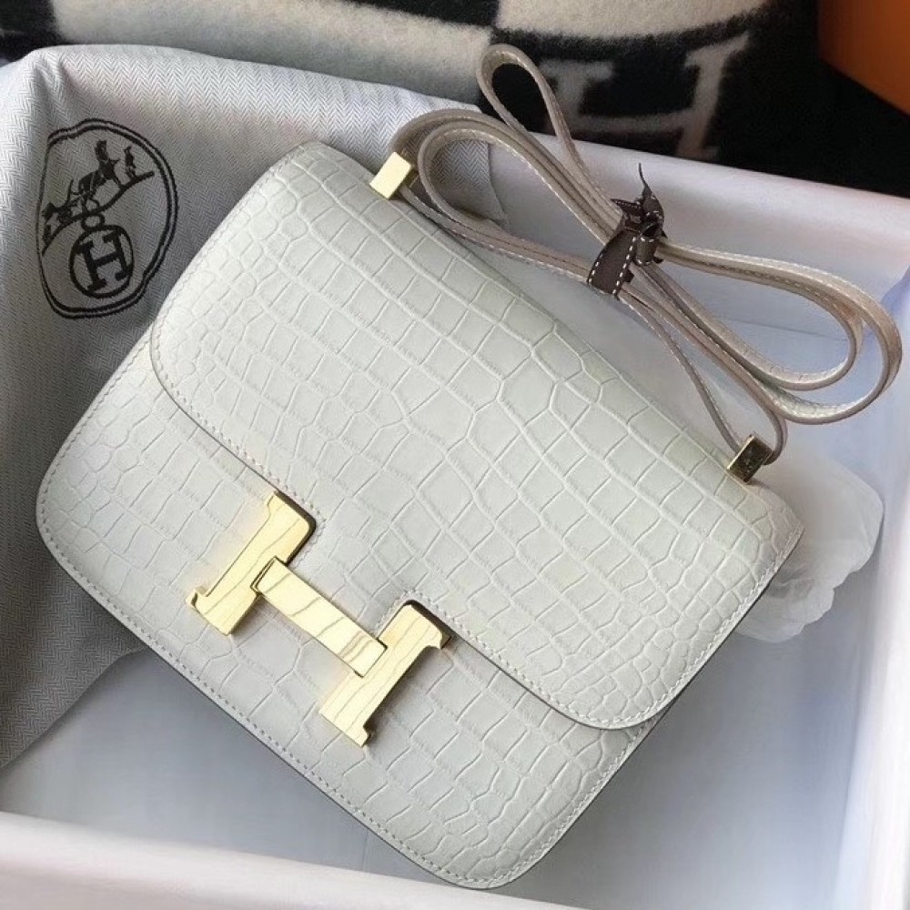 Hermes Constance 24cm Bag In White Embossed Crocodile LDBS241986