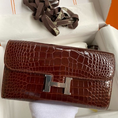 Hermes Constance To Go Wallet in Dark Brown Shiny Alligator Leather LDBS242006