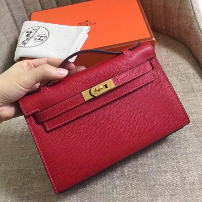 Hermes Dark Red Kelly Pochette Epsom Handmade Bag LDBS242030