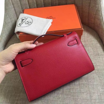 Hermes Dark Red Kelly Pochette Epsom Handmade Bag LDBS242030