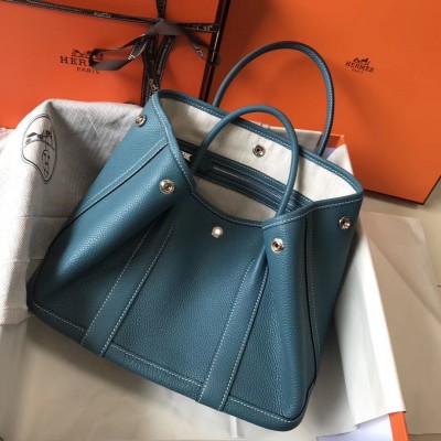 Hermes Garden Party 30 Bag In Blue Jean Clemence Leather LDBS242121