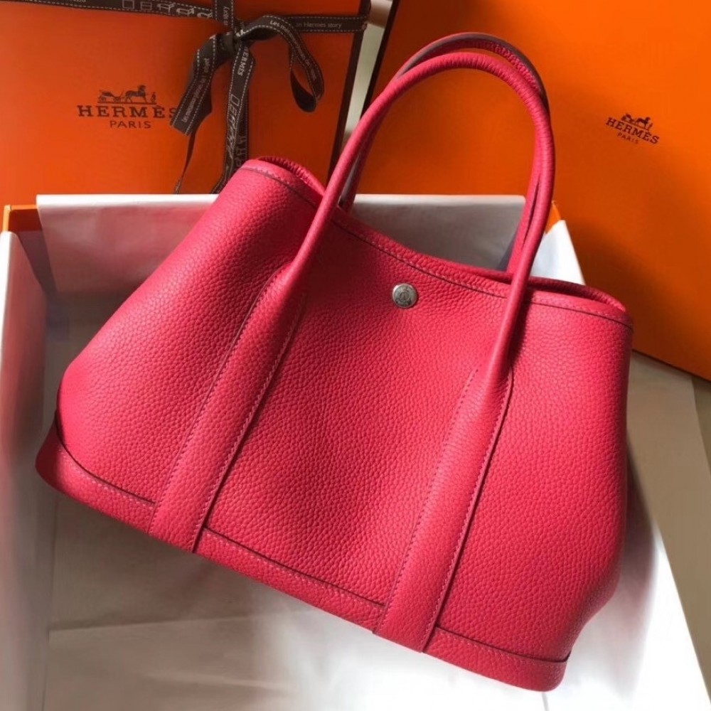 Hermes Garden Party 30 Bag In Rose Red Clemence Leather LDBS242128