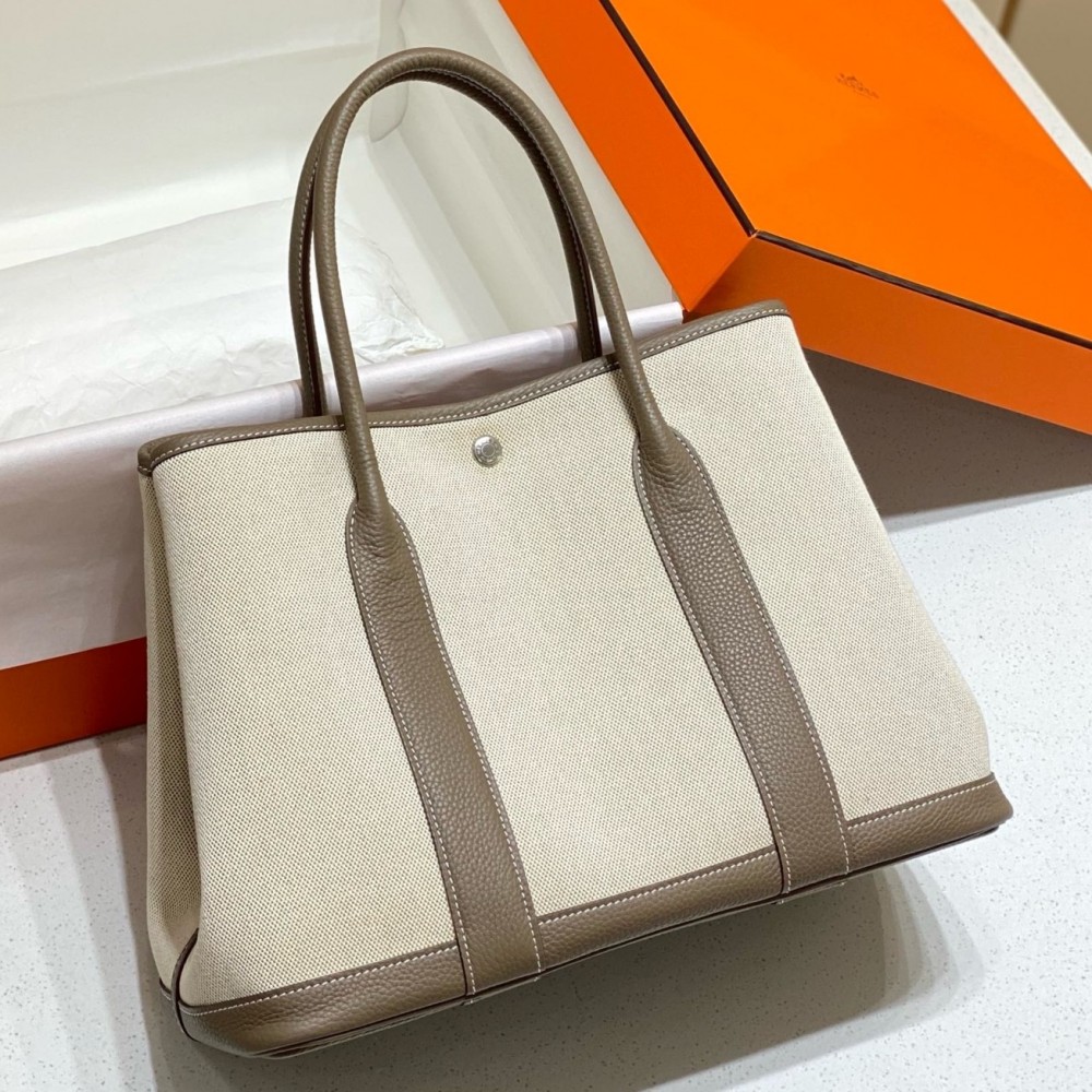 Hermes Garden Party 36cm Bag in Toile and Taupe Leather LDBS242165