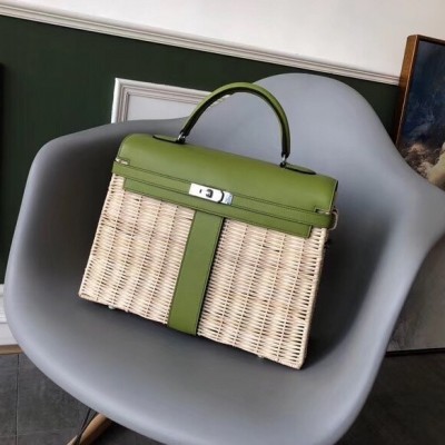 Hermes Green Picnic Kelly 35cm Wicker Bag LDBS242224