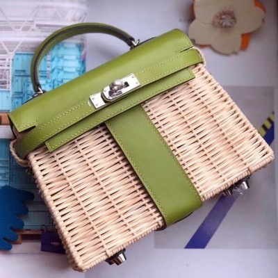 Hermes Green Picnic Kelly Mini 20cm Wicker Bag LDBS242225