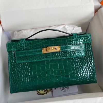 Hermes Green Shiny Alligator Crocodile Kelly Pochette Bag LDBS242226