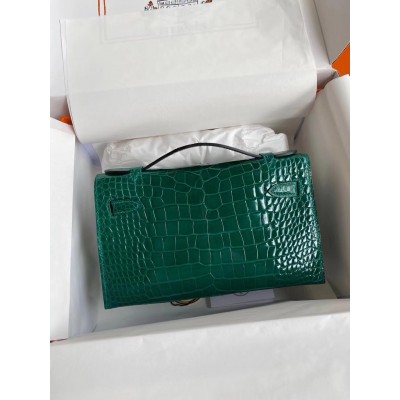 Hermes Green Shiny Alligator Crocodile Kelly Pochette Bag LDBS242226