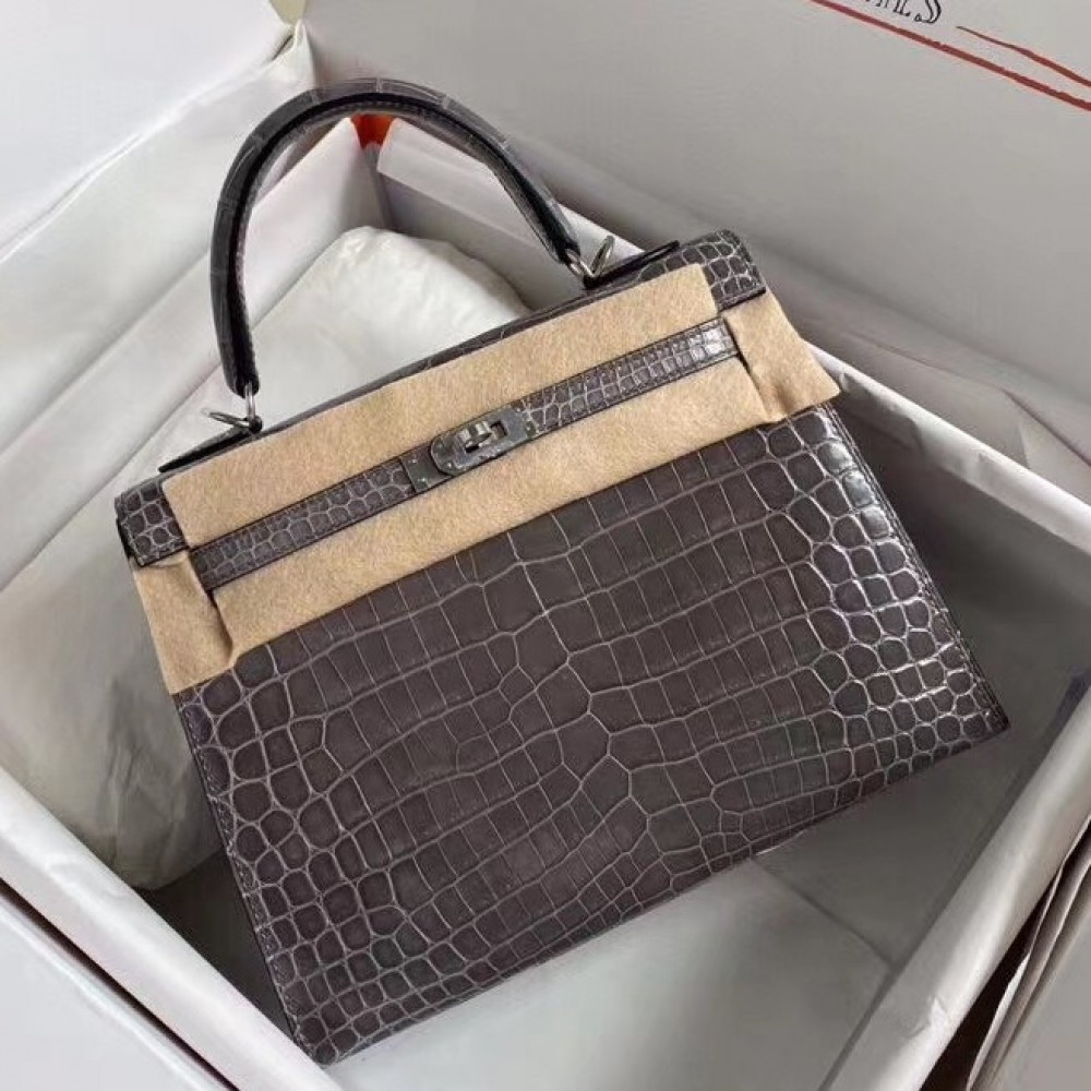 Hermes Grey Kelly 25cm Shiny Niloticus Crocodile Skin Bag LDBS242244