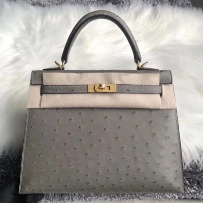 Hermes Gris Asphalt Ostrich Kelly 25cm Handmade Bag LDBS242251