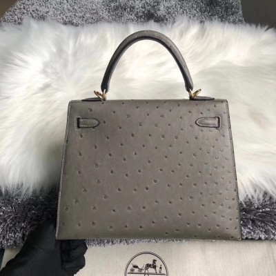 Hermes Gris Asphalt Ostrich Kelly 25cm Handmade Bag LDBS242251