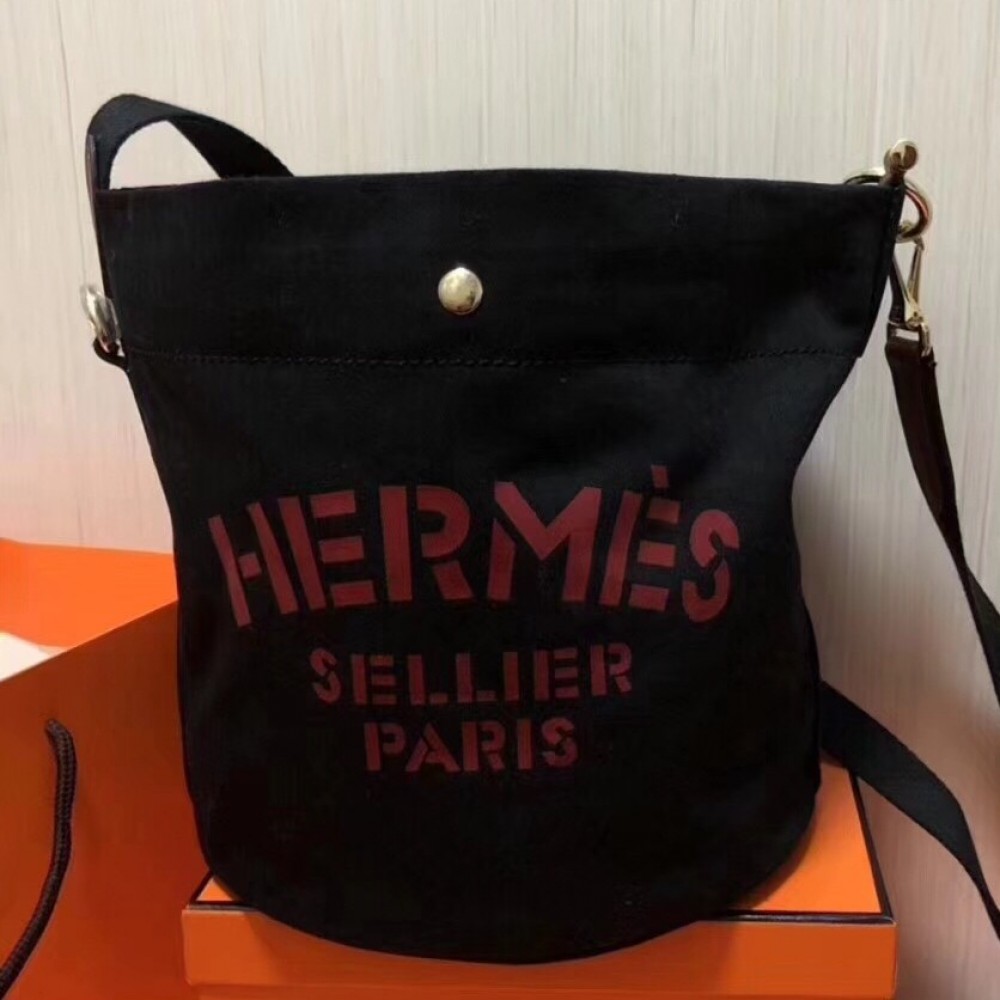 Hermes Grooming Bucket Bag In Black Canvas LDBS242255