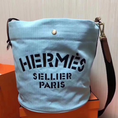 Hermes Grooming Bucket Bag In Blue Canvas LDBS242256