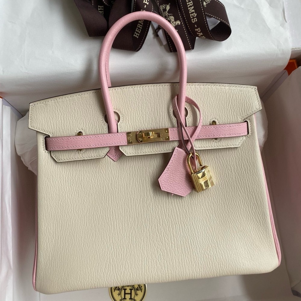 Hermes HSS Birkin 25 Bicolor Bag in Craie and Pink Chevre Mysore Leather LDBS242303