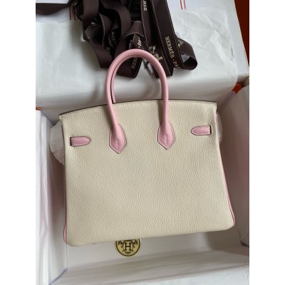 Hermes HSS Birkin 25 Bicolor Bag in Craie and Pink Chevre Mysore Leather LDBS242303