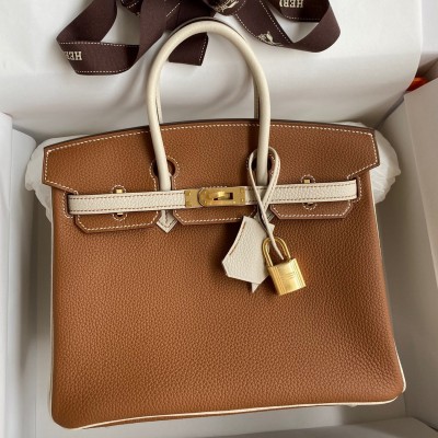 Hermes HSS Birkin 25 Bicolor Bag in Gold and Craie Clemence Leather LDBS242304