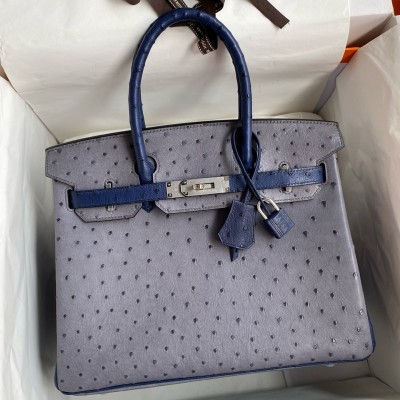 Hermes HSS Birkin 30 Bicolor Bag in Gris Agate and Blue Iris Ostrich Leather LDBS242315