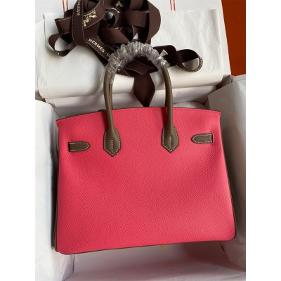 Hermes HSS Birkin 30 Bicolor Bag in Rose Lipstick and Taupe Epsom Calfskin LDBS242317