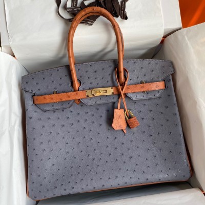 Hermes HSS Birkin 35 Bicolor Bag in Gris Agate and Gold Ostrich Leather LDBS242318