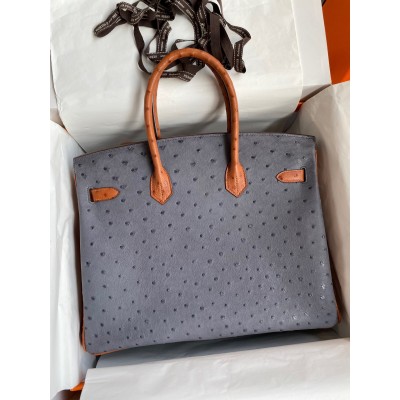 Hermes HSS Birkin 35 Bicolor Bag in Gris Agate and Gold Ostrich Leather LDBS242318