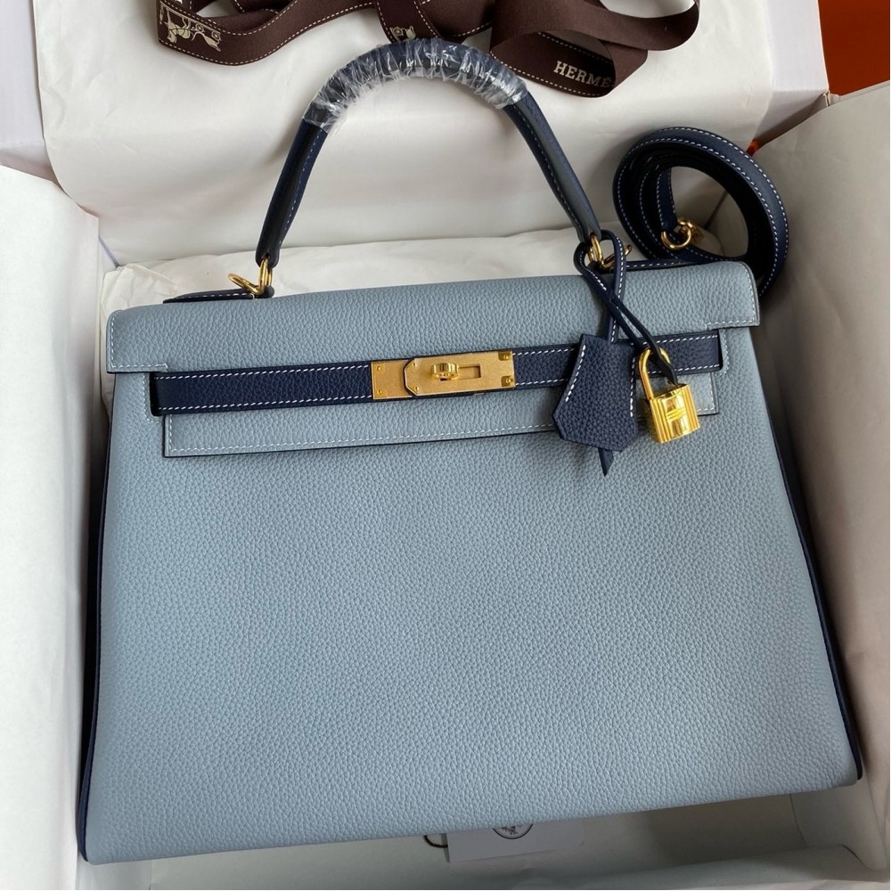 Hermes HSS Kelly 32 Bicolor Bag in Blue Lin and Blue Clemence Leather LDBS242319