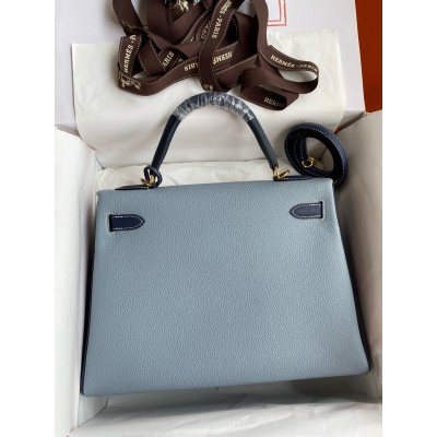 Hermes HSS Kelly 32 Bicolor Bag in Blue Lin and Blue Clemence Leather LDBS242319