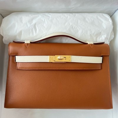 Hermes HSS Kelly Pochette Bicolor Bag in Gold and Craie Swift Calfskin LDBS242321