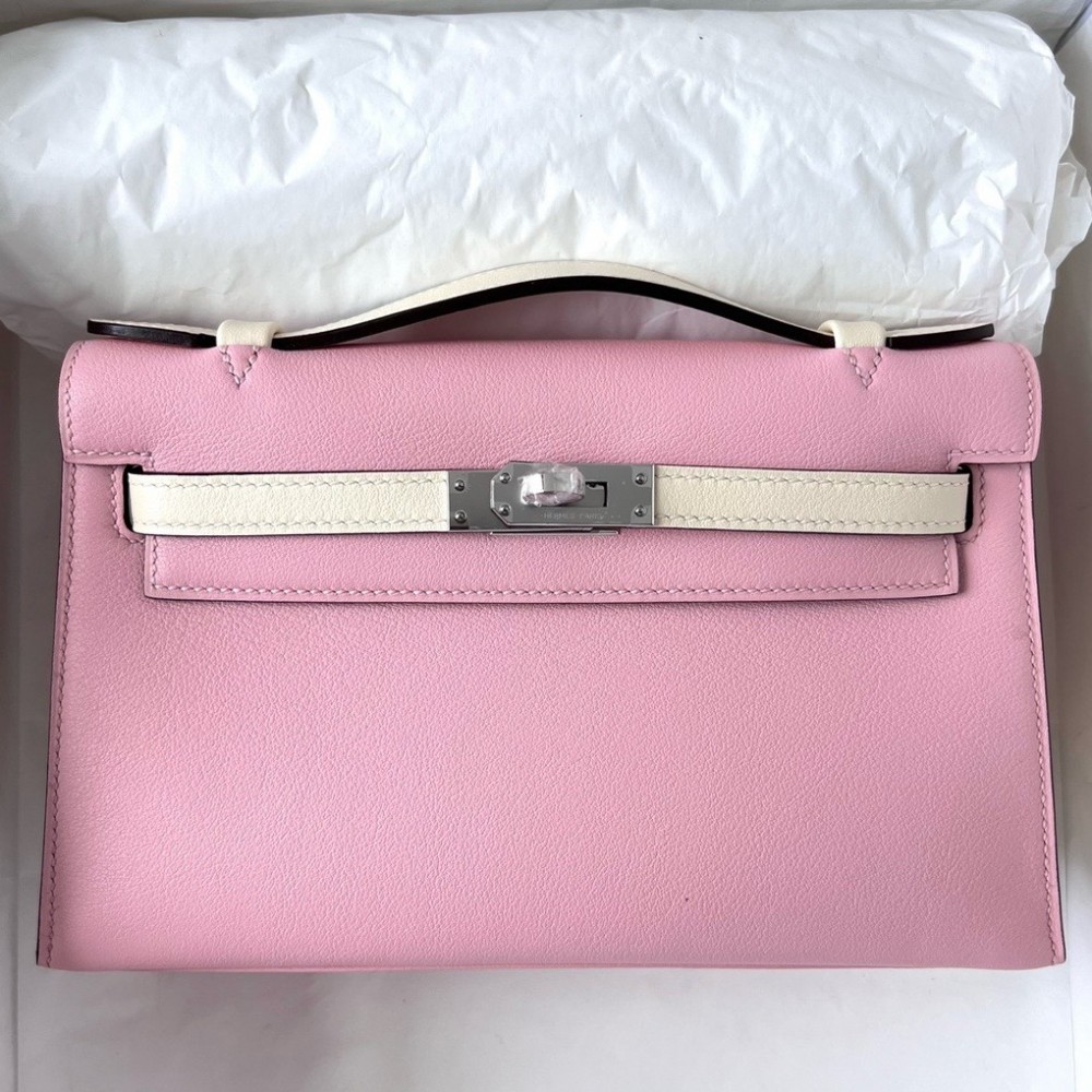 Hermes HSS Kelly Pochette Bicolor Bag in Pink and Craie Swift Calfskin LDBS242322