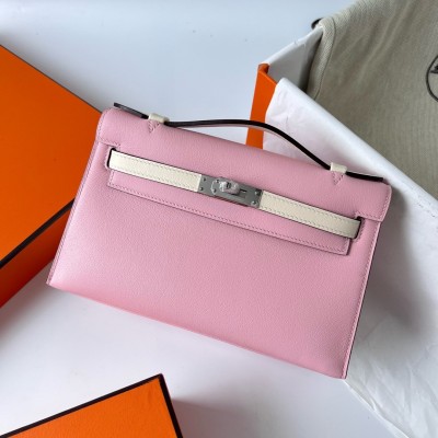 Hermes HSS Kelly Pochette Bicolor Bag in Pink and Craie Swift Calfskin LDBS242322