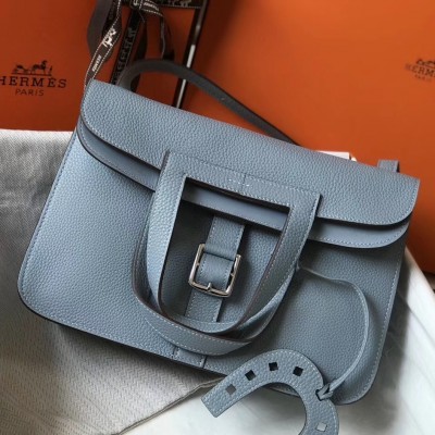 Hermes Halzan Bag In Blue Lin Clemence Leather LDBS242265