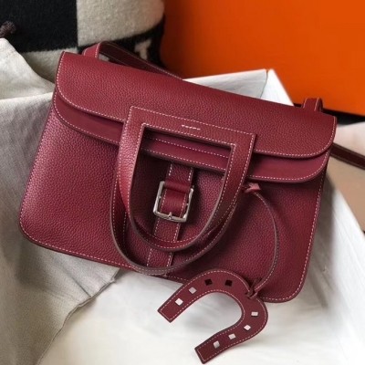 Hermes Halzan Bag In Bordeaux Clemence Leather LDBS242269