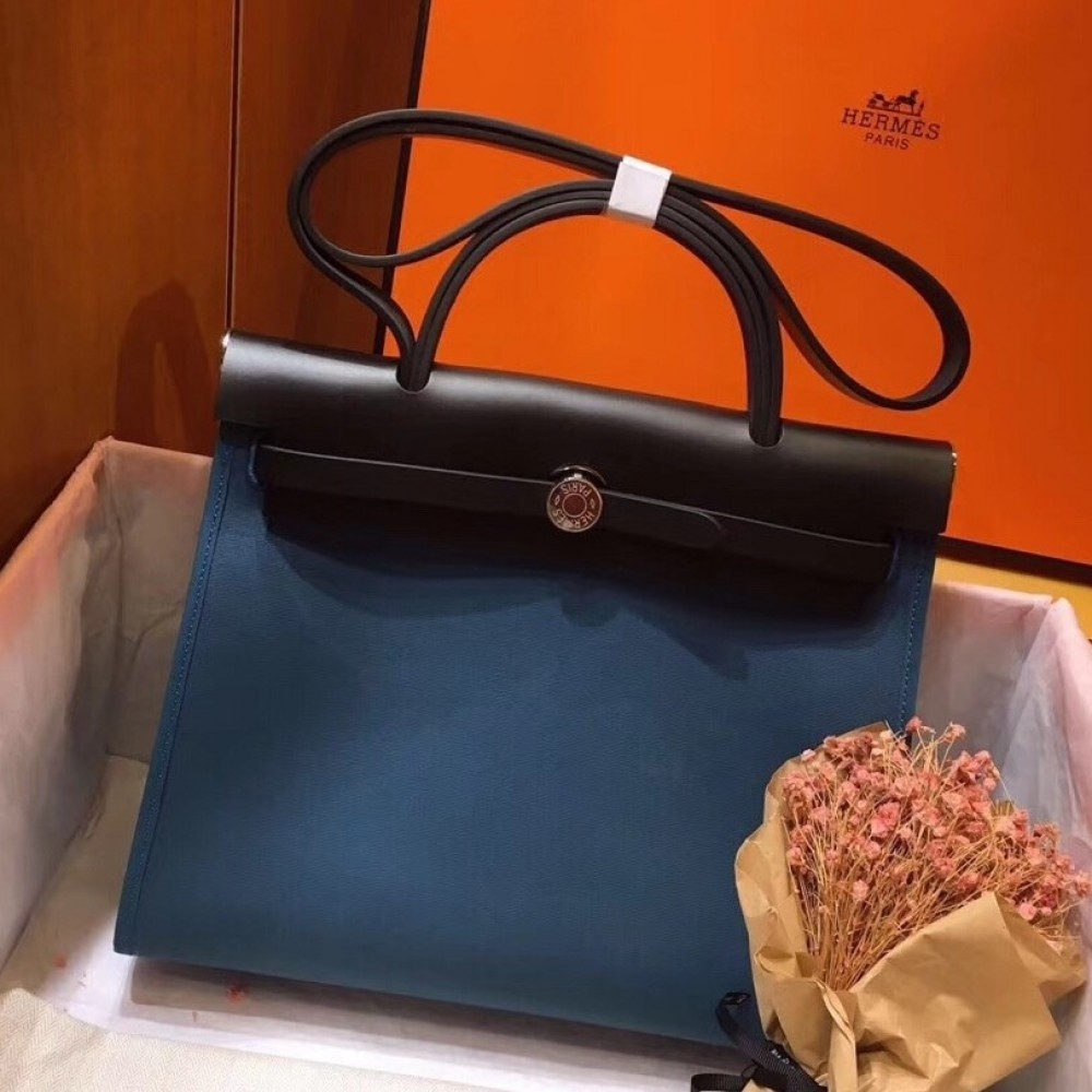 Hermes Herbag Zip 31cm Bag In Black And Blue LDBS242278