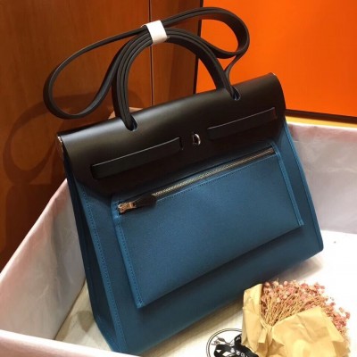 Hermes Herbag Zip 31cm Bag In Black And Blue LDBS242278