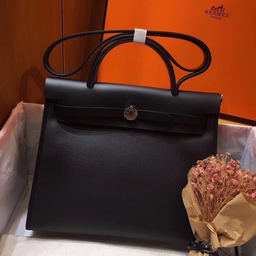 Hermes Herbag Zip 31cm Bag In Black Leather And Toile LDBS242281