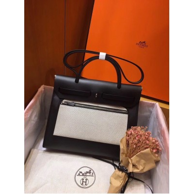 Hermes Herbag Zip 31cm Bag In Black Leather And Toile LDBS242281