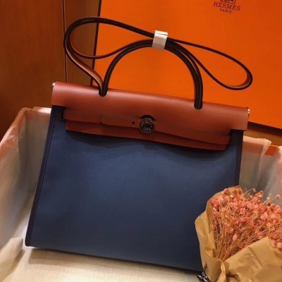 Hermes Herbag Zip 31cm Bag In Camel And Blue LDBS242287