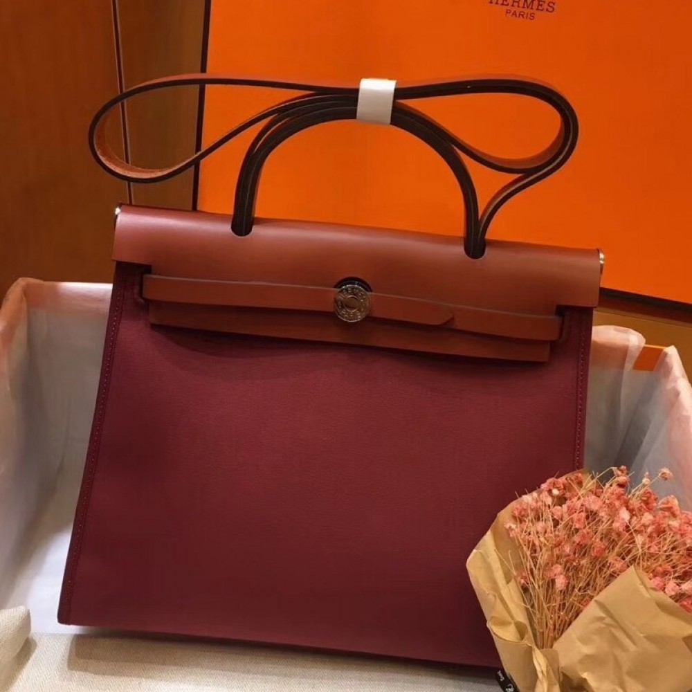 Hermes Herbag Zip 31cm Bag In Camel And Bordeaux LDBS242288