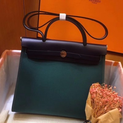 Hermes Herbag Zip 31cm Bag In Navy And Green LDBS242289