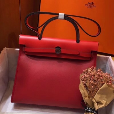 Hermes Herbag Zip 31cm Bag In Red Toile And Leather LDBS242290