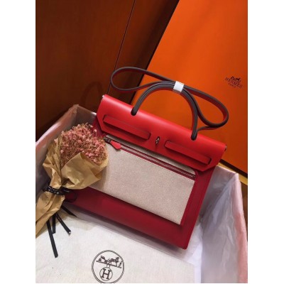 Hermes Herbag Zip 31cm Bag In Red Toile And Leather LDBS242290